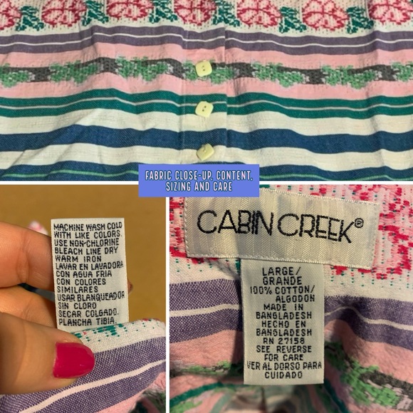 VINTAGE CABIN CREEK PINK, BLUE & WHITE FLORAL & STRIPE COTTON SHORT SLEEVE TOP L - Picture 10 of 12
